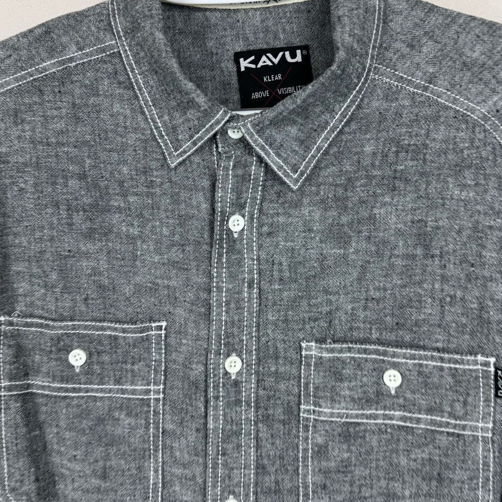 Kavu Men's Gray Heathered Black Cotton Linen Blend Button Up Short Sleeve shirt - Picture 3 of 5